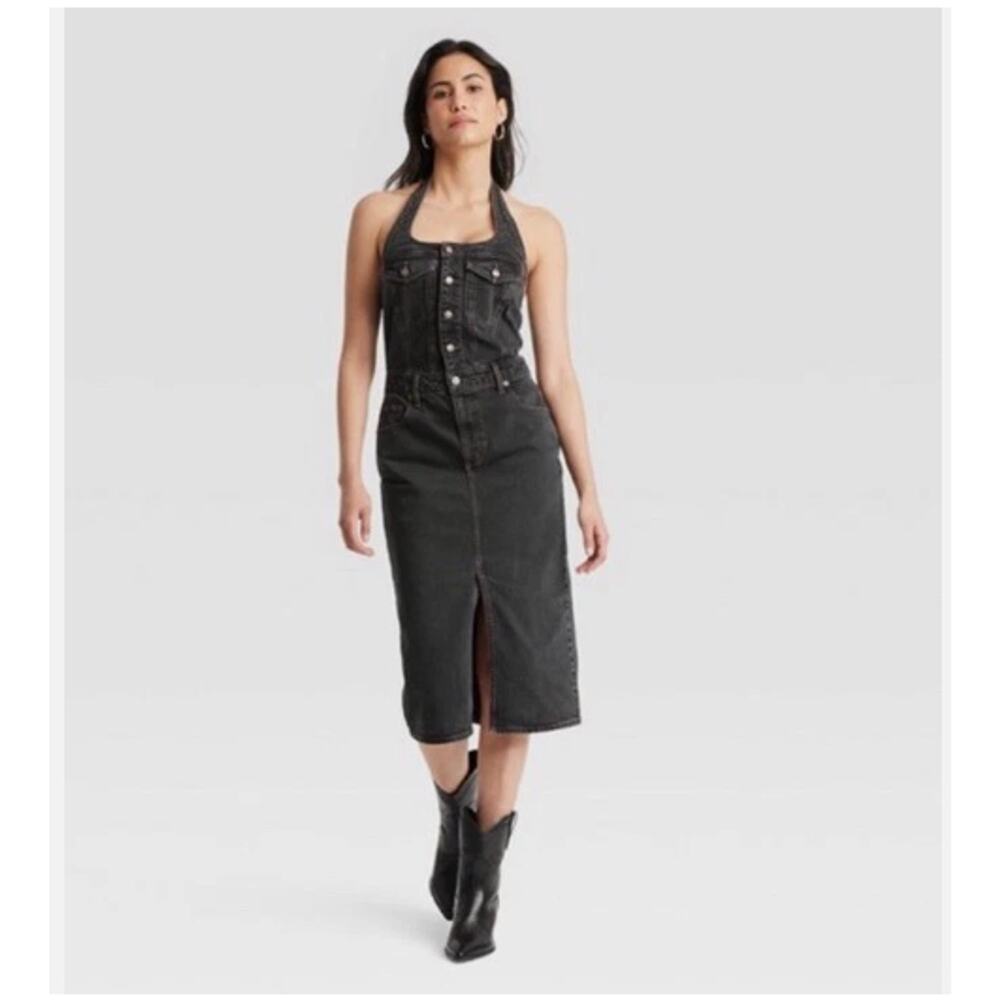 Universal Thread Women's Sz 2 Midi Halter Black Denim Dress